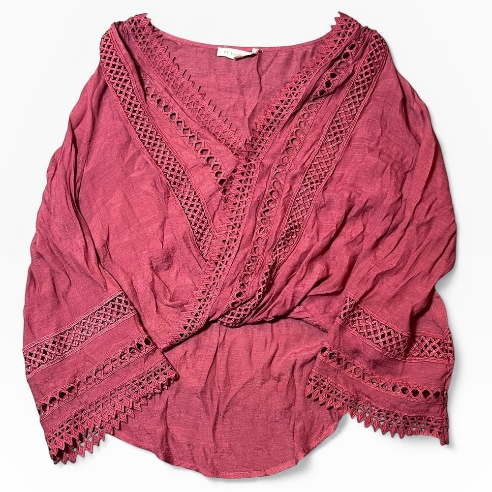 By Together Rust Crochet Lace Surplice Bell Sleeve High Low Blouse Small Peasant